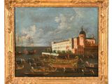 an oil painting of boats in a harbor with a building in the background