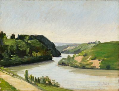 tableau représentant une vue sur une rivière, avec des collines et des arbres en arrière-plan