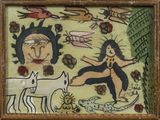 a picture of a painting of a woman and a dog