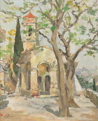 une image représentant un tableau d'une église et d'arbres dans un parc