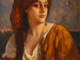 a painting of a woman wearing a red head scarf