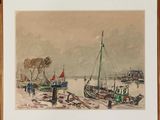 an image of a painting of boats docked on a beach