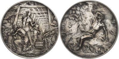 two silver medallions depicting a man on horseback and a man on a horse