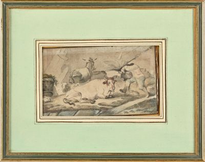 tableau représentant deux vaches couchées dans un champ, avec un homme à cheval