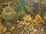 une peinture représentant un vase et des champignons posés par terre