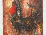 tableau représentant un coq à la tête et à la queue rouges, perché sur un rocher