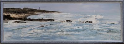 a picture of a painting of waves crashing on the beach
