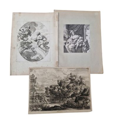 trois gravures représentant un paysage avec des personnages et des animaux