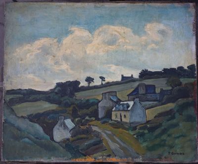 une image représentant un tableau représentant un paysage rural avec des maisons