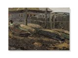 a painting of boats on the shore near a building