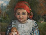 tableau représentant une petite fille tenant une poupée dans un champ