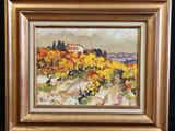 a painting of a landscape with yellow flowers in a gold frame
