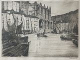 a black and white drawing of boats in a harbor