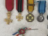 a lot of medals and pins on a white surface