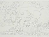 a drawing of an elephant and a bird in a field