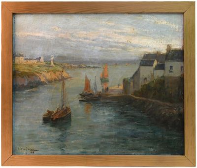 painting of a harbor scene with boats in the water and a lighthouse in the distance