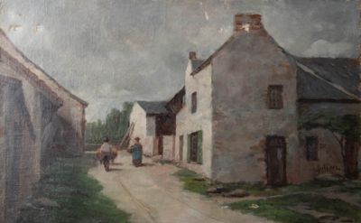 un tableau représentant un cheval et une calèche descendant la rue