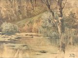 a painting on the wall of a pond with water lilies