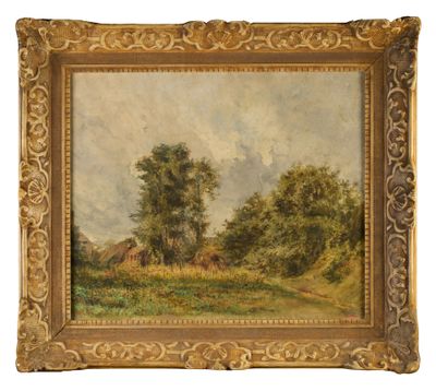 a painting of a landscape with trees and a house in the distance