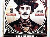 une vieille affiche représentant un homme moustachu coiffé d'un chapeau de cow-boy