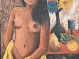 une image représentant un tableau d'une femme avec une serviette sur les genoux