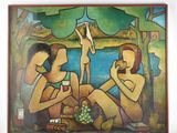 a painting of three people having a picnic by the water