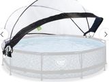 an above ground swimming pool with a net over it
