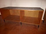 a wooden cabinet with a concrete top and metal legs
