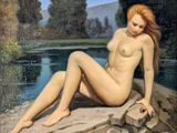 tableau représentant une femme nue assise sur un rocher au bord d'une rivière