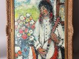 une peinture à l'huile représentant une femme jouant du banjo devant un vase de fleurs