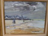 un tableau représentant deux personnes marchant sur la plage