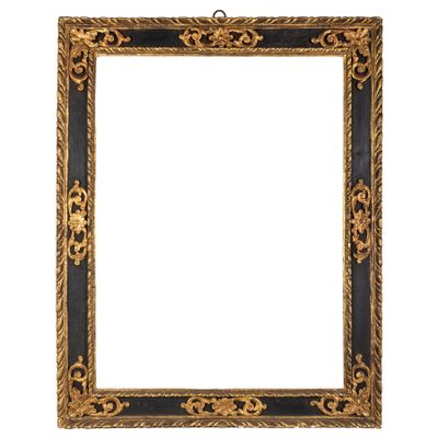 a gold and black picture frame on a white background