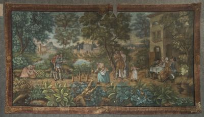 tableau représentant une scène de jardin avec des personnages et des animaux au premier plan