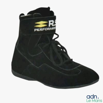 a picture of a pair of black shoes with a logo on the side