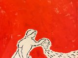 an image of a painting of a man throwing something in the air