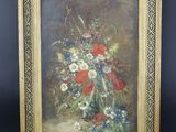 une image d'une peinture de fleurs dans un vase sur une table