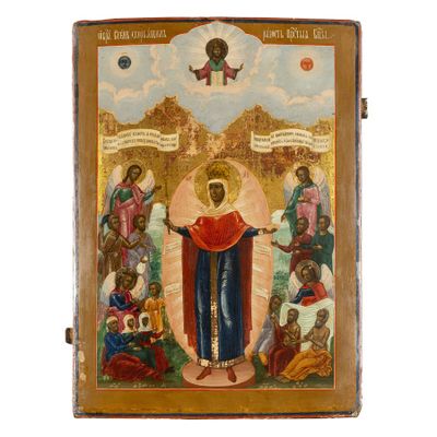 une vieille icône en bois représentant l'Ascension de Jésus sur une colline