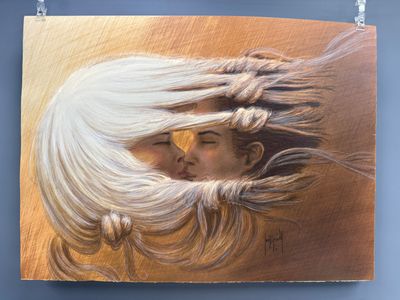 une photo d'un tableau représentant une femme aux longs cheveux blancs