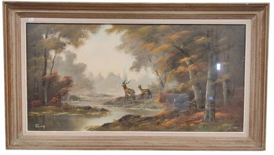 painting of a deer in a wooded landscape with a stream