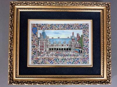 framed picture of a picture of a building with a clock on it