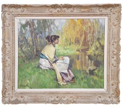 an oil painting of a woman sitting in a field reading a book