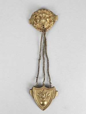 un pendentif plaqué or en forme de tête de lion, suspendu à une chaîne