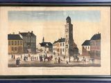 painting of a town scene with people walking around and a clock tower in the background
