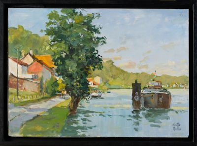 a painting of a boat on the water near a tree