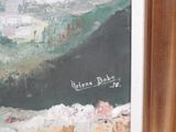 a painting of sheep grazing in a field with a mountain in the background