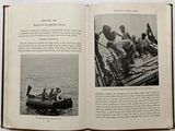 two pages of a book with pictures of people in a boat