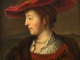 un tableau représentant une femme portant un chapeau rouge orné de plumes sur la tête