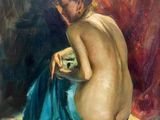 an oil painting of a naked man sitting on a bed