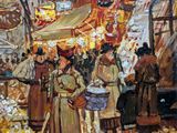 an oil painting of people walking down a street in a city