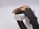 a close up of a watch on a stand with a white background